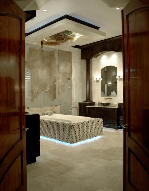 Custom Cabinetry, Marble floors and walls, Glass tub surround