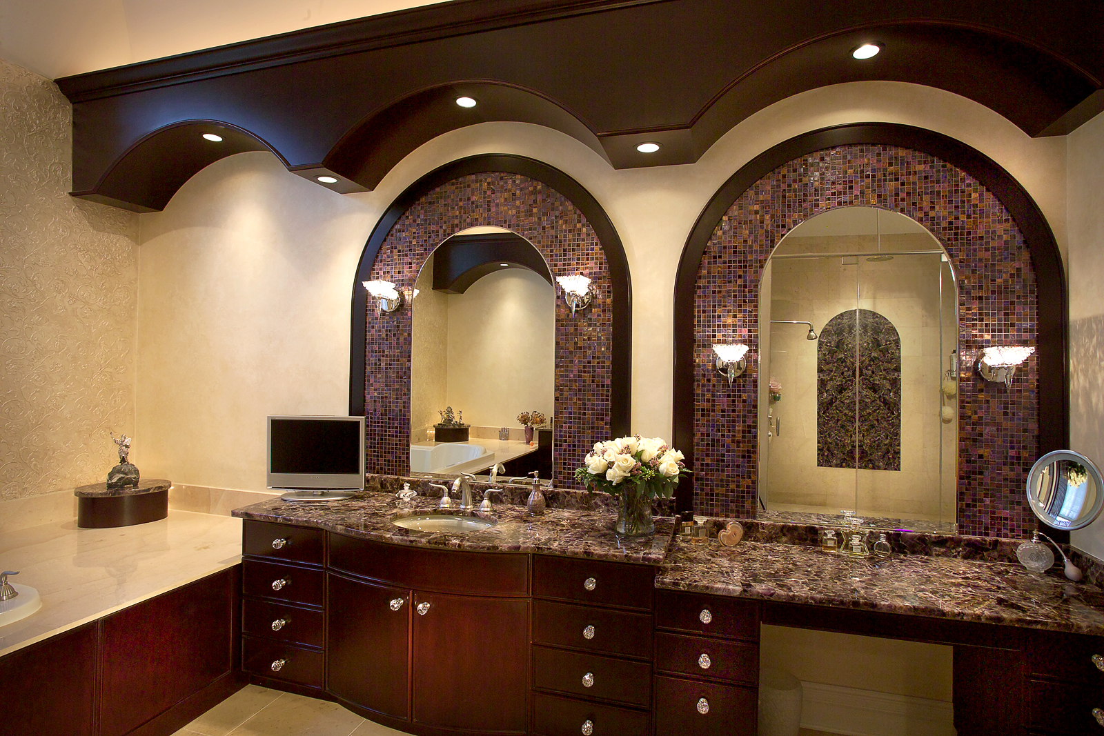 custom cabinetry, glass mosaics, precious stone